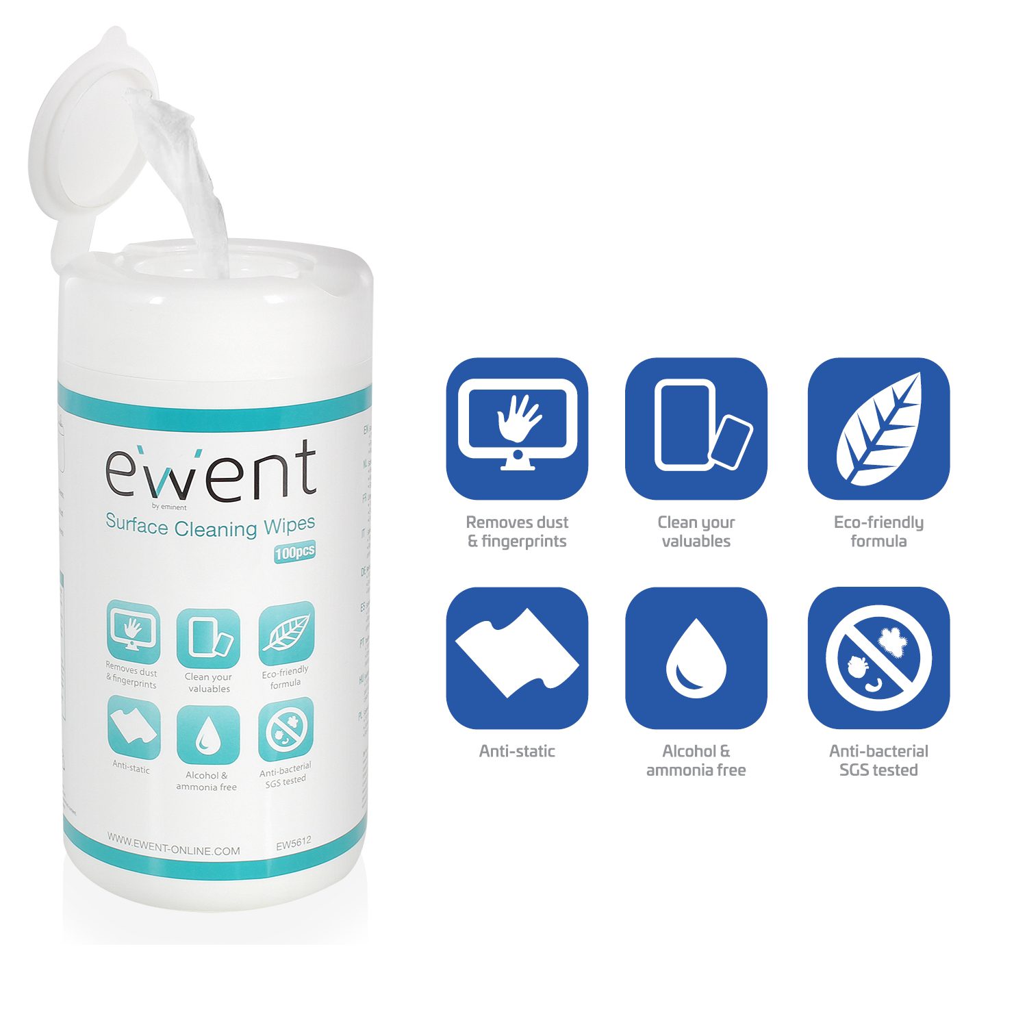مناديل Ewent EW5612 لتنظيف الأسطح والشاشات - 100 قطعة